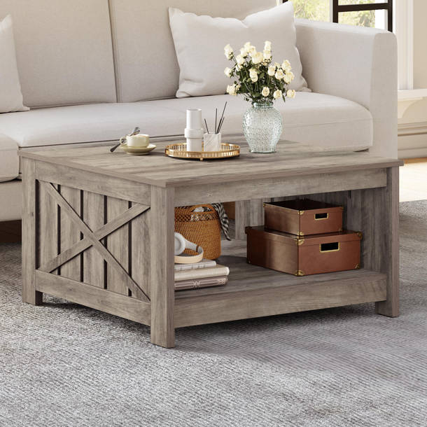 Gracie Oaks Muaath Farmhouse Coffee Table, Square Wood Table with